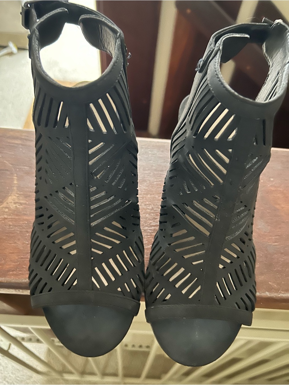 JustFab Black Laser-Cut Peep-Toe Ankle Heels